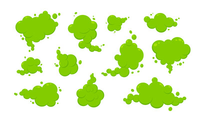 Smelling green cartoon smoke or fart clouds flat style design vector illustration. Bad stink or toxic aroma cartoon smoke cloud isolated on white background. - obrazy, fototapety, plakaty