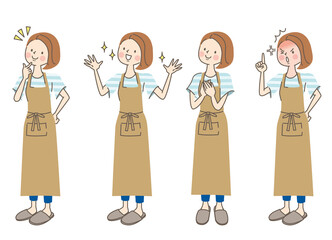 エプロン姿の女性の色々な表情セット