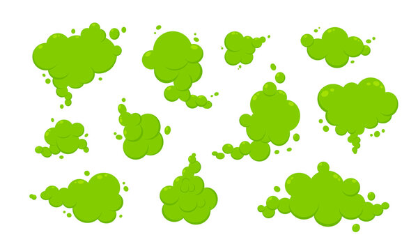 Smelling Green Cartoon Smoke Or Fart Clouds Flat Style Design Vector Illustration. Bad Stink Or Toxic Aroma Cartoon Smoke Cloud Isolated On White Background.