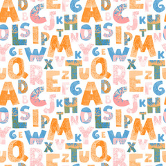 Vector seamless pattern with colorful letters on white background. Alphabet. Can be used for wallpaper, pattern fills, web page, surface textures, textile print, wrapping paper, design presentation