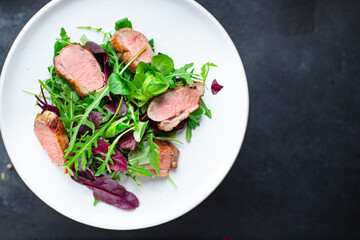 salad duck breast mix greens lettuce leaves ready to eat portion on the table for healthy meal snack outdoor top view copy space for text food background rustic image keto or paleo diet