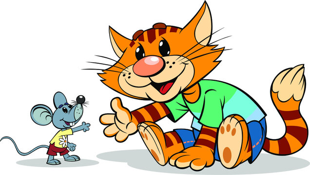 Red cat with a cute little mouse.  
A vector illustration of a cartoon smiling striped red cat taking a hand with little grey mouse.