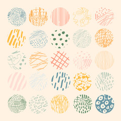 Vector hand drawn set with round isolated abstract colorful patterns or backgrounds. Various doodle shapes for highlight covers, posters, social media Icons templates.