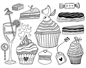 Sweet desserts collection. Hand drawn food illustrations of candies, piece of cakes, macaroon, cupcake, eclair and cocktail.