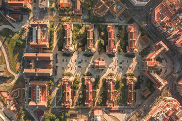 Aerial overhead drone shot of building in Barcelona in morning