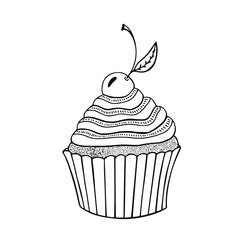 Cupcake with cherry. Sweet habd drawn illustration.