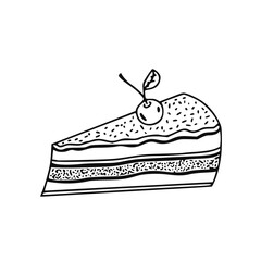 Piece of cake with cherry. Sweet vector print.