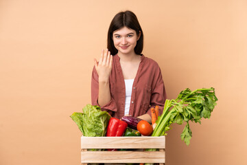 Young farmer girl with freshly picked vegetables in a box inviting to come with hand. Happy that you came