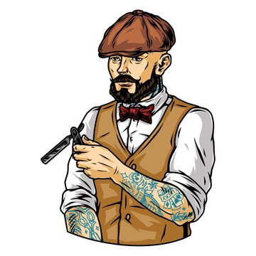 Bearded and mustached tattooed stylish barber