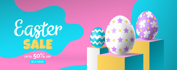 easter sale web banner design with 3d eggs on podiums  trendy vector illustration