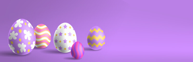 decorative 3d easter eggs on purple  background copy space banner vector illustration