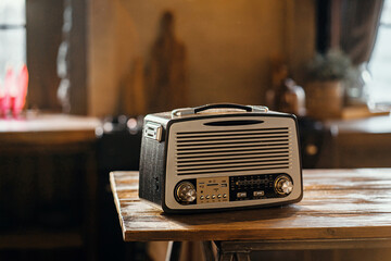 a retro radio player stands on a wooden table. stylish kitchen in the village. copy space