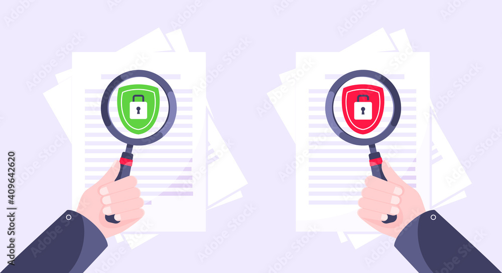 Wall mural privacy policy, safety lock and data protection metaphor set. hand hold magnifier shield with padloc