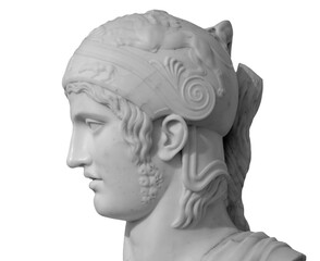 Head and shoulders detail of the ancient man with beard sculpture. Antique face with whiskers statue isolated on white background