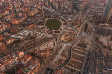 Aerial drone shot of park Gran clariana in Barcelona center in early morning