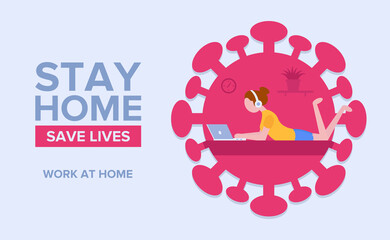 Self-isolation concept. Remote work online in quarantine. A call to stay home and keep life. The girl works at home to protect herself from the virus. Coronavirus. Girl on the background of the virus.