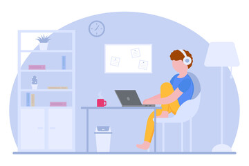Vector concept of work at home. A freelance man working on a laptop with headphones. Remote work online at home in quarantine. Learning concept. Coworking space flat illustration. Covid-19.