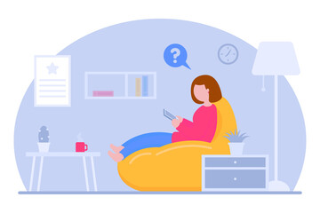 Vector concept of work at home. Freelance girl works with the phone while sitting in a beanbag chair. Remote work online at home in quarantine. Coworking space flat illustration. Covid-19.