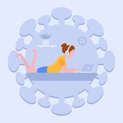 Self-isolation concept. Remote work online in quarantine. A call to stay home and keep life. The girl works at home to protect herself from the virus. Coronavirus in the air. Can be used in web banner