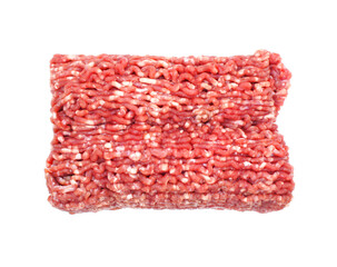 Ground beef isolated on white background. Fresh raw Minced meat from beef. Top view.
