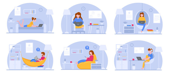 Vector concept of work at home. A set of girls and men freelancers who work at a laptop in different positions. Remote work online at home in quarantine. Coworking space flat illustration. Covid-19.