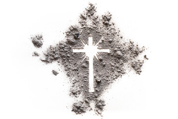 Ash Wednesday and Lent cross made of dust as Jesus suffering, christian religion symbol of God resurrection with light glow