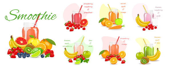 Set of Smoothies. Fresh fruits and berries. Fresh fruits, healthy food, detox, vegan concept. Vector illustration for poster, banner, advertising.
