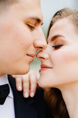 beautiful, gentle and happy bride and groom. profiles