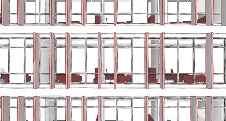 3d illustration of a partial façade of a modern office building with vertical sun shades. Grey sun shades with red color outlines. Dark red colored furniture is seen behind the transparent glass. 