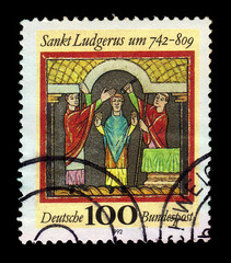 GERMANY - CIRCA 1992: a stamp printed in the Germany shows "Consecration of St. Ludgerus" (from Vita Liudgeri by Altfridus), missionary among the Frisians and Saxons, first Bishop of Münster in Westph