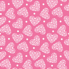 Beautiful contour linear white hearts isolated on a pink background. Cute seamless pattern. Vector flat graphic illustration. Texture.