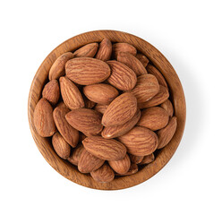 Almonds in a wooden bowl on a white background. Top view