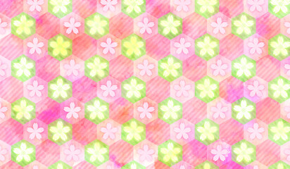 桜の花の背景画像、六角形のパターン、ピンクと緑、かわいい色彩