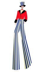 man on stilts. tailcoat and top hat. vintage circus.