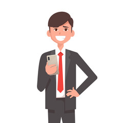Happy smiled businessman holds smartphone in hand. Vector illustration