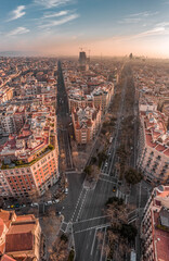 Aerial drone shot of Avinguda Diagonal in Barcelona in morning sunrise