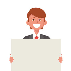 Young smiling businessman showing blank white poster. Vector illustration.
