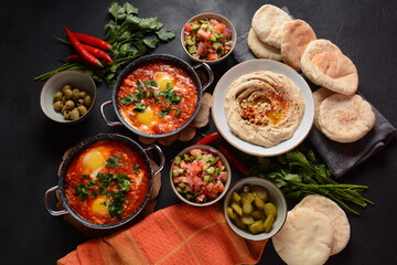 Shakshouka, eggs poached in sauce of tomatoes, olive oil, peppers, onion and garlic, Mediterranean cuisine