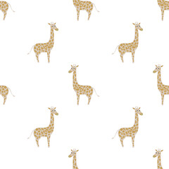 Africa seamless pattern with beige doodle giraffe silhouettes. White background. Simple design.