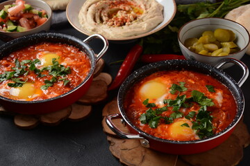 Shakshouka, eggs poached in sauce of tomatoes, olive oil, peppers, onion and garlic, Mediterranean cuisine