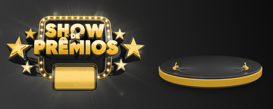 3D label for advertising campaign in Brazil. The phrase Show de prêmios means Awards Show. Label in red with yellow. 3D Illustration.