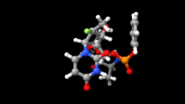 Animated 3D ball-and-stick and spacefill model of sofosbuvir, a drug for the treatment of hepatitis C, black background