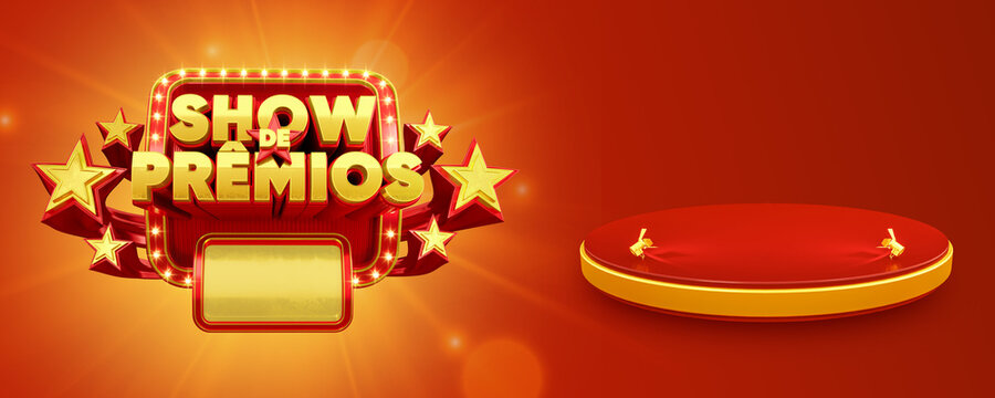 3D label for advertising campaign in Brazil. The phrase Show de prêmios means Awards Show. Label in red with yellow. 3D Illustration.