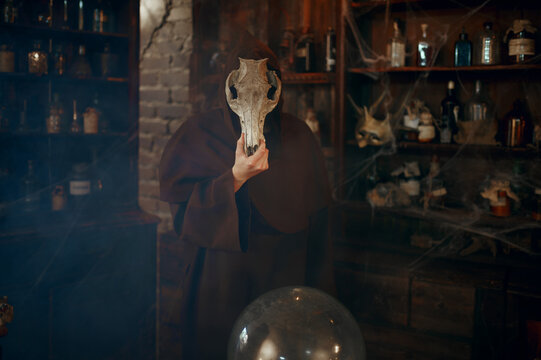 Male Exorcist In Black Hood Holds Animal Skull