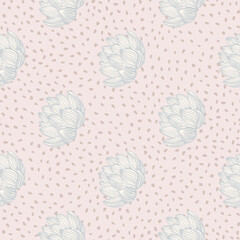Hand drawn seamless light tones pattern with lotus flower elements. Light pink dotted background.