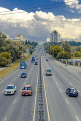Intercity highway with car traffic. Brest-Litovsk highway in Kyiv, Ukraine
