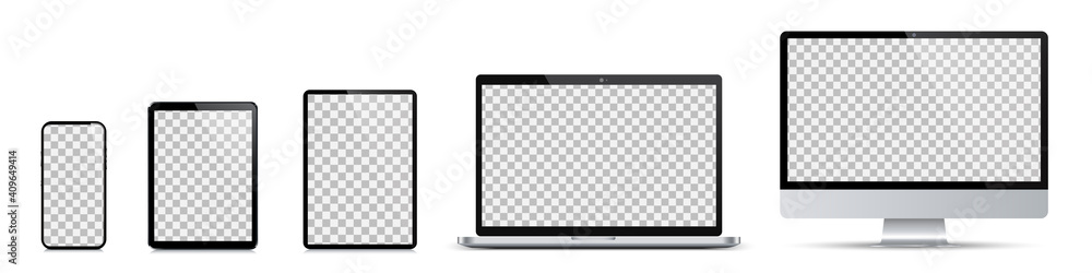 Poster Set of mockup technology devices with empty display computer, laptop, tablet and mobile phone, different model - vector