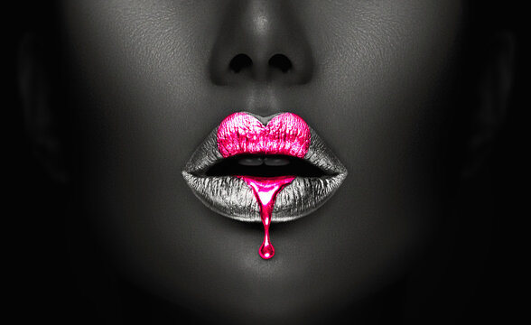 Naklejka Pink Paint heart dripping, lipgloss drops on sexy lips, bright liquid paint on beautiful model girl's mouth, black skin. Lipstick. Make-up. Beauty face makeup, close up. Love, Valentine's Day concept