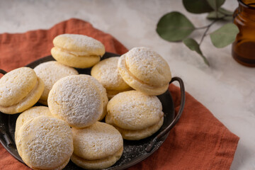 Fresh homemade cookies on metal plate. rustic style. Selective focus . High quality photo