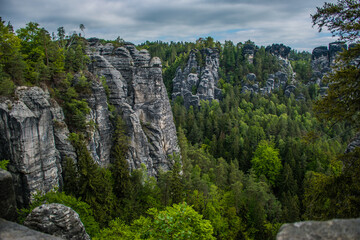 Fototapeta na wymiar The Bastei is a rock formation towering above the Elbe River in the Elbe Sandstone Mountains of Germany.